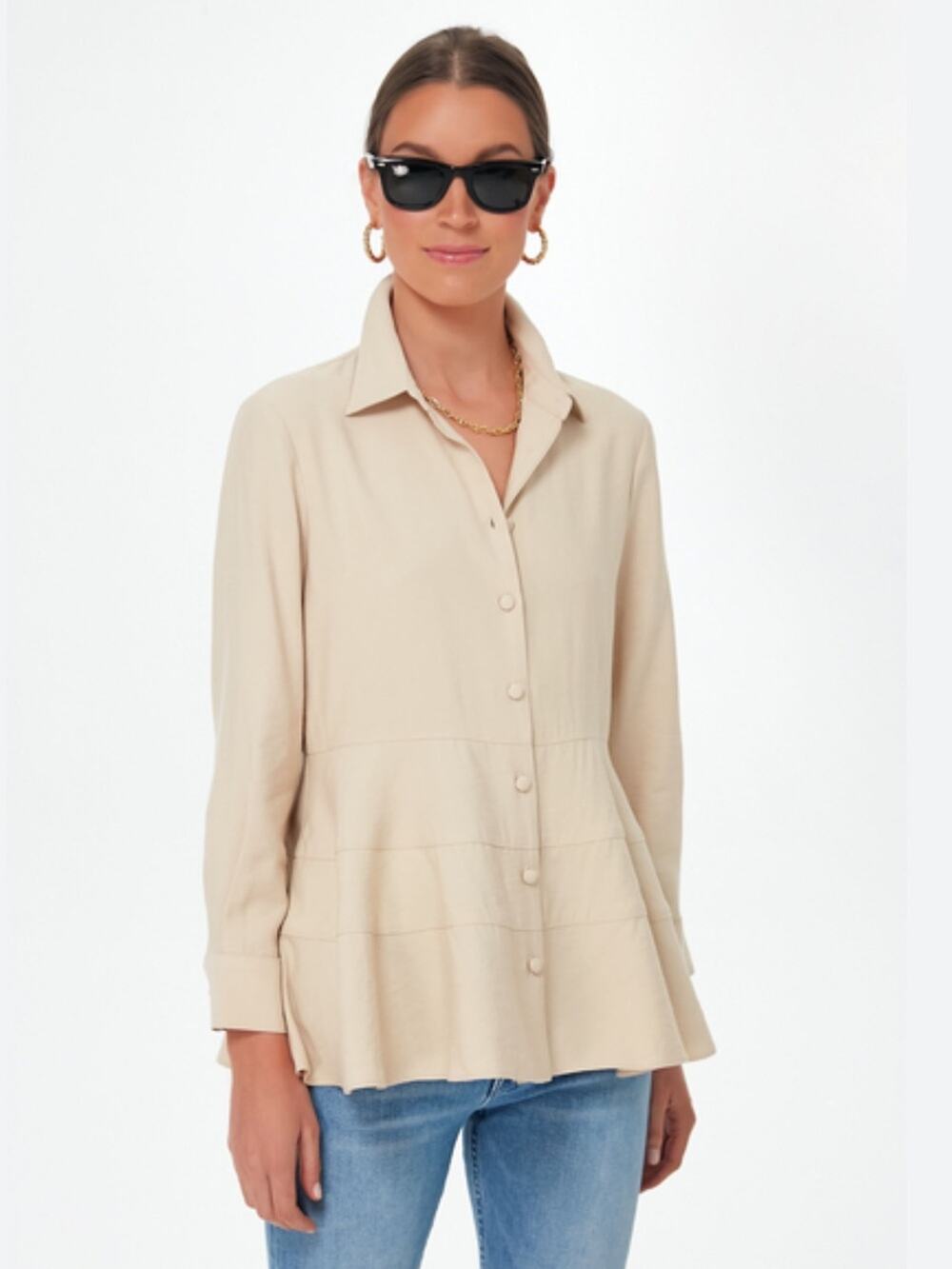 Tuckernuck pomander place tan ashlen blouse button front preppy peplum size M